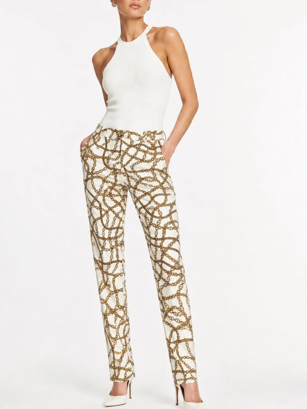 MICHAEL KORS Stretchy White & Gold Chain Print Skinny Pants